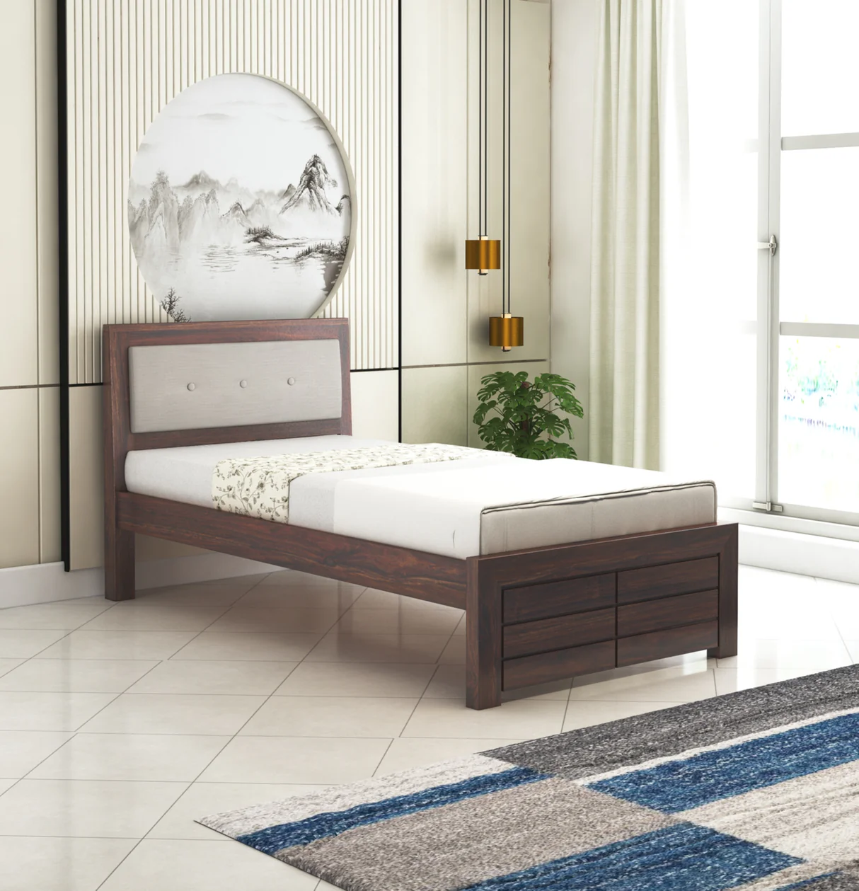 EURO Solid Sheesham Wood Single Bed With Upholstered Headboard