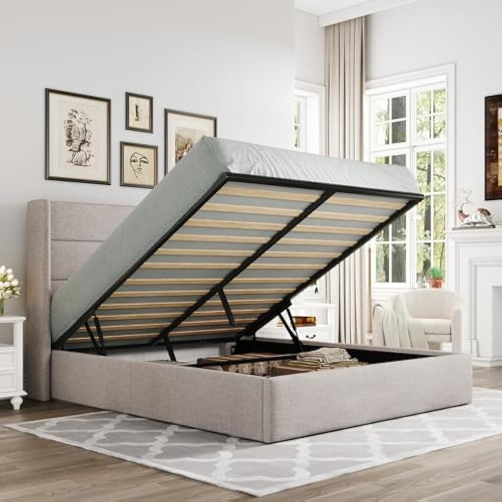 Allewie Full Size Lift Up Storage Bed, Modern Wingback Headboard, Hydraulic Support, No Box Spring Needed, Light Beige