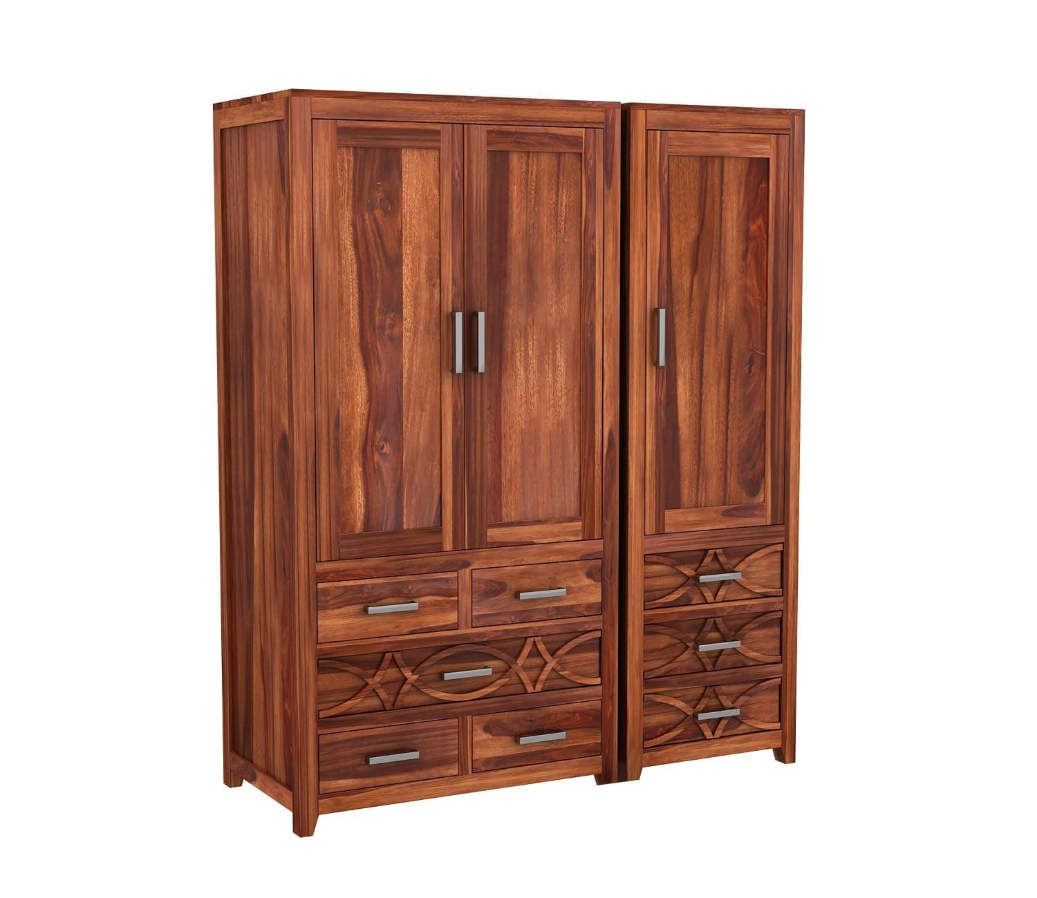 Sheesham Wood 3-Door Wardrobe with 8 Drawer Storage