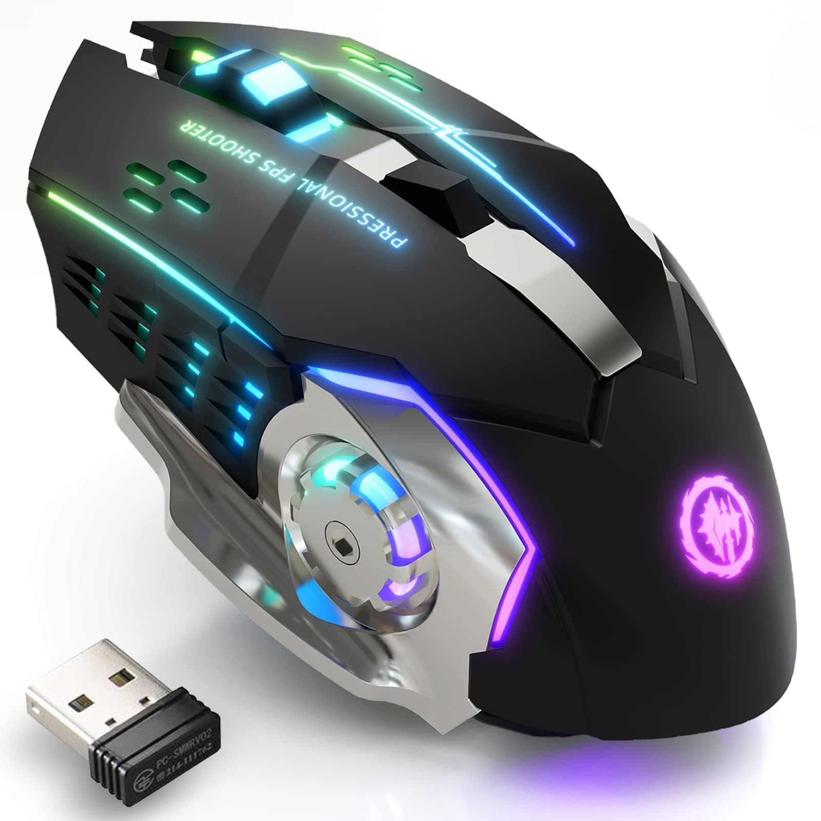 RGB Rechargeable 2.4G Wireless Mouse with 7-Color Backlight & Silent Click – Black